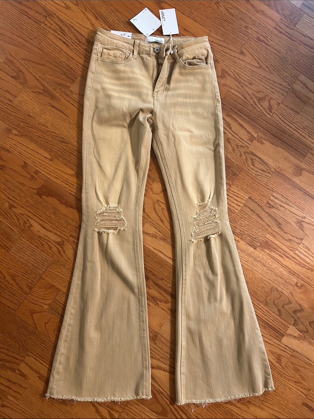 High-Rise Flare Jeans in Beige with Distressed Knees